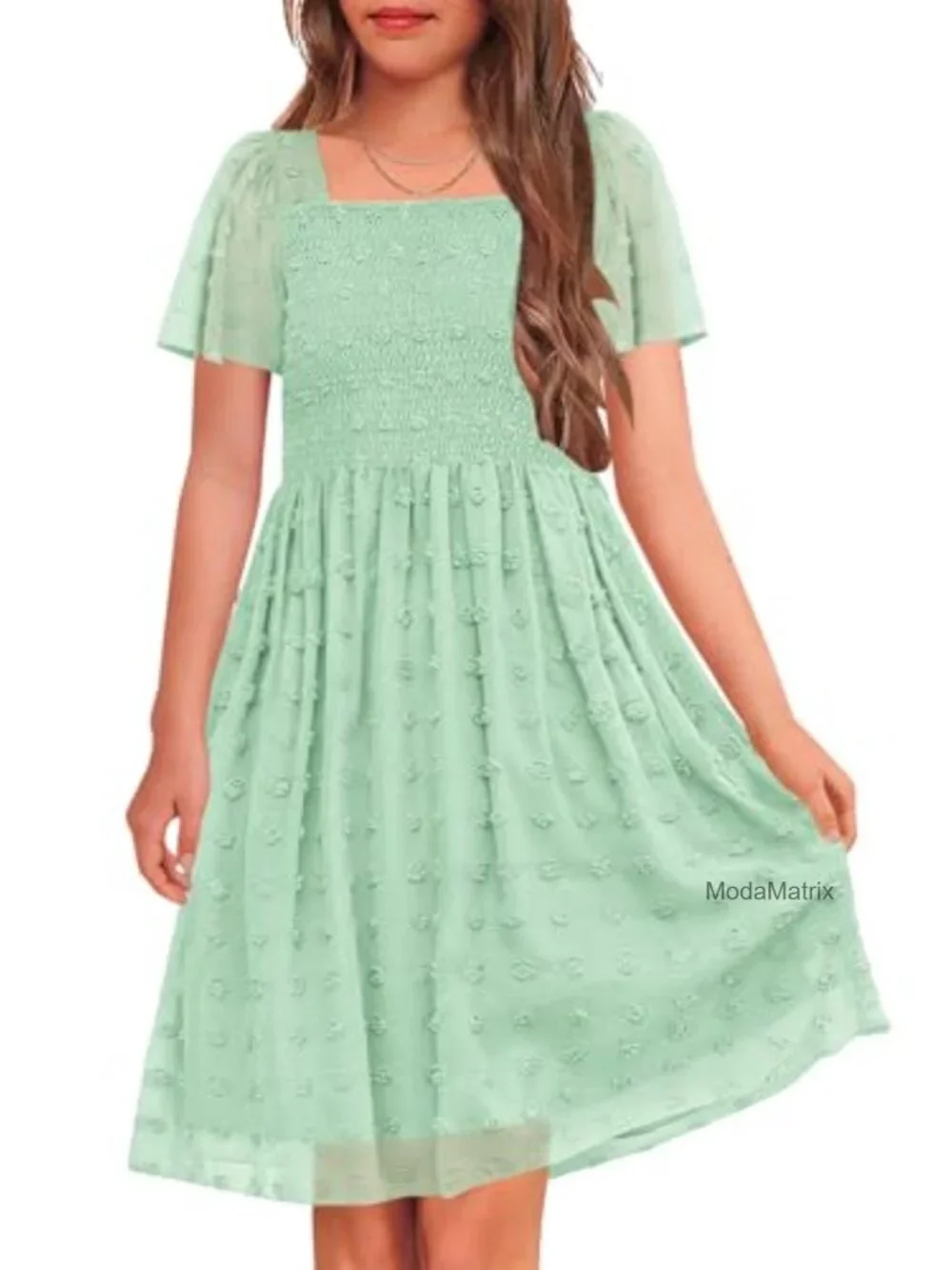 Girls Swiss Dot Square Neck Smocked A-Line Dress with Pockets
